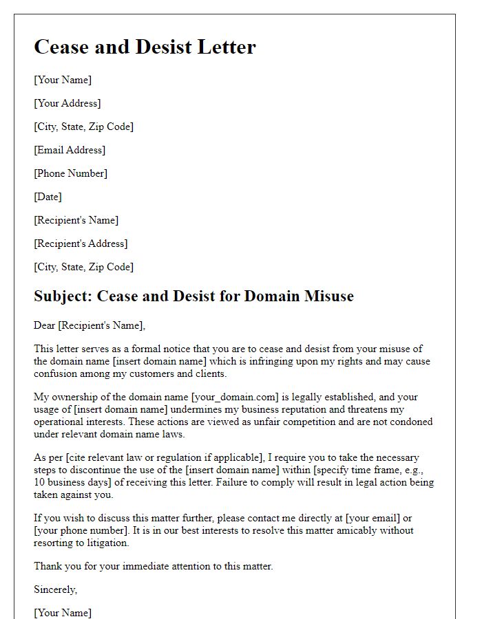 Letter template of cease and desist for domain misuse