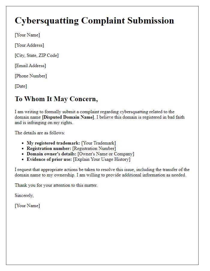 Letter template of cybersquatting complaint submission