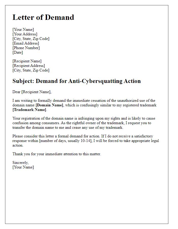 Letter template of demand for anti-cybersquatting action