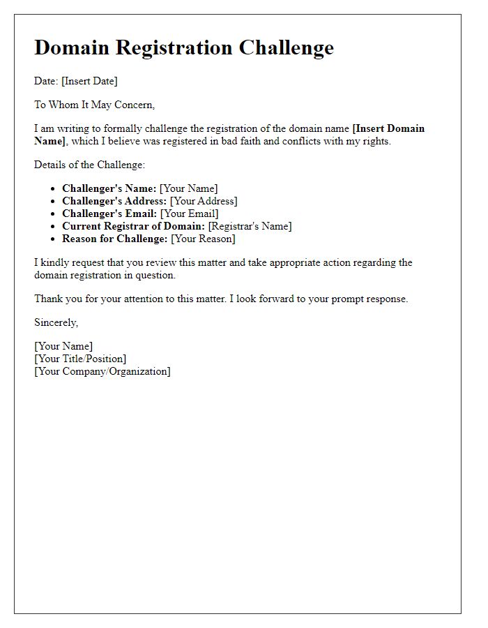 Letter template of domain registration challenge