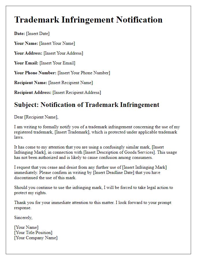 Letter template of trademark infringement notification