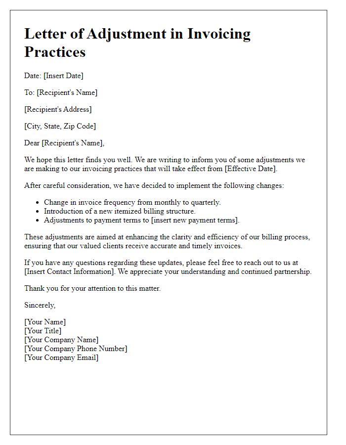 Letter template of adjustments in invoicing practices