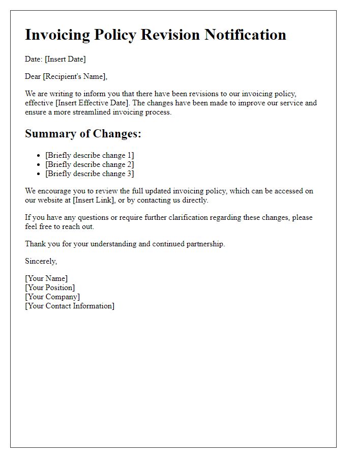 Letter template of invoicing policy revision notification