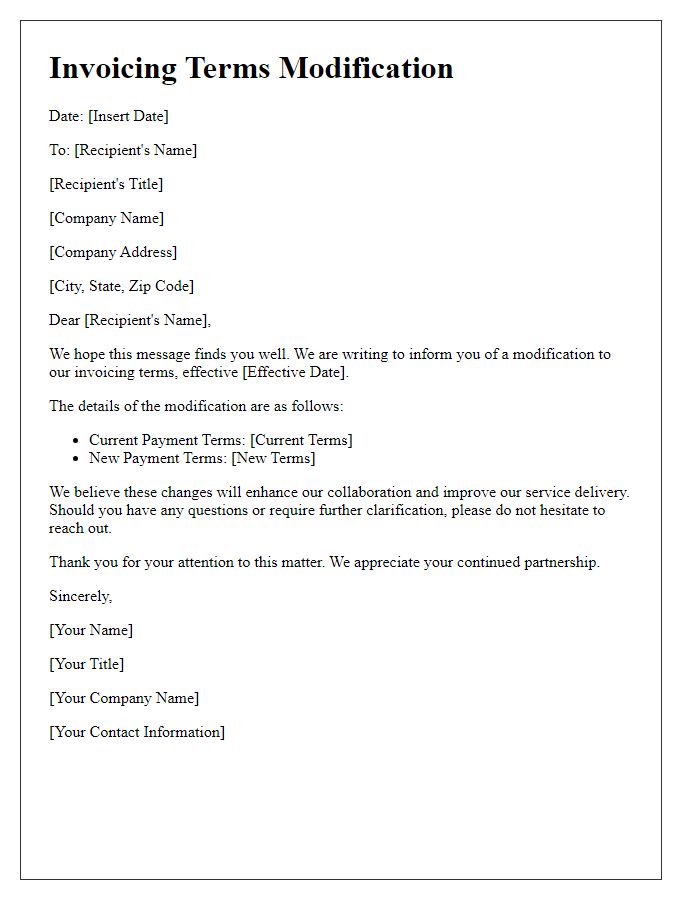 Letter template of invoicing terms modification