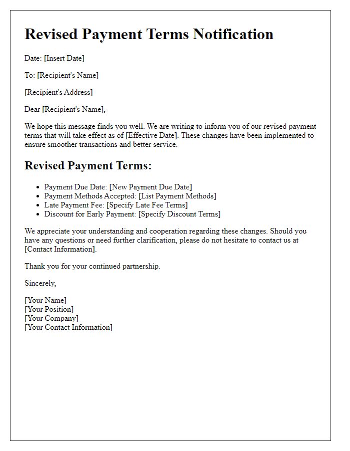 Letter template of revised payment terms