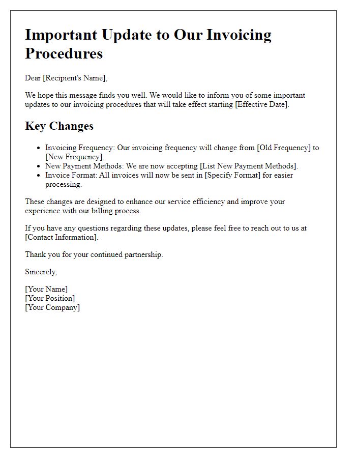 Letter template of updates to invoicing procedures