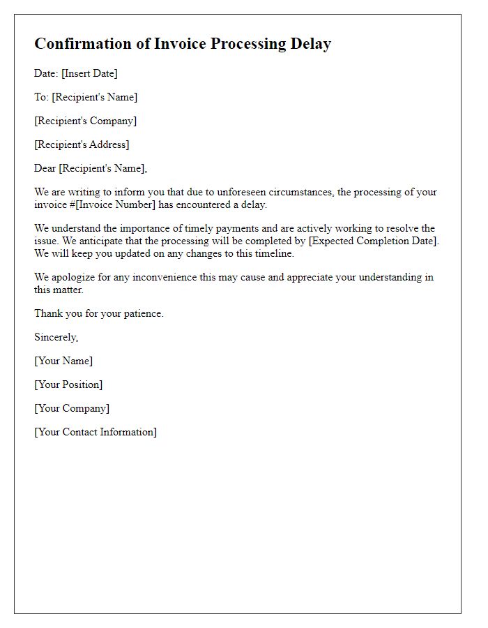 Letter template of Confirmation of Invoice Processing Delay