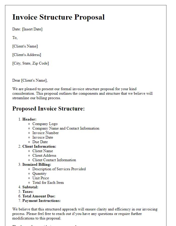 Letter template of formal invoice structure proposal