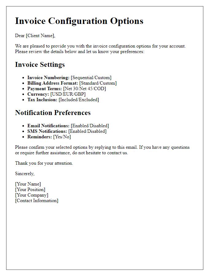 Letter template of invoice configuration options