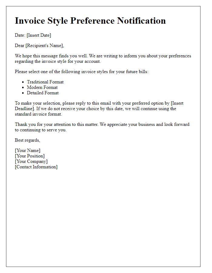 Letter template of invoice style preference notification