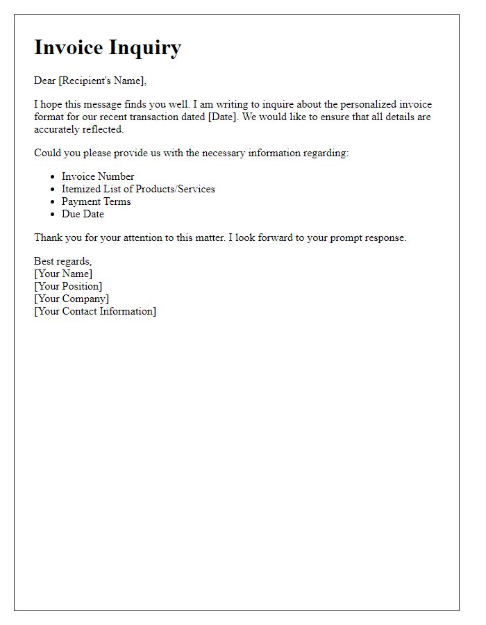 Letter template of personalized invoice format inquiry