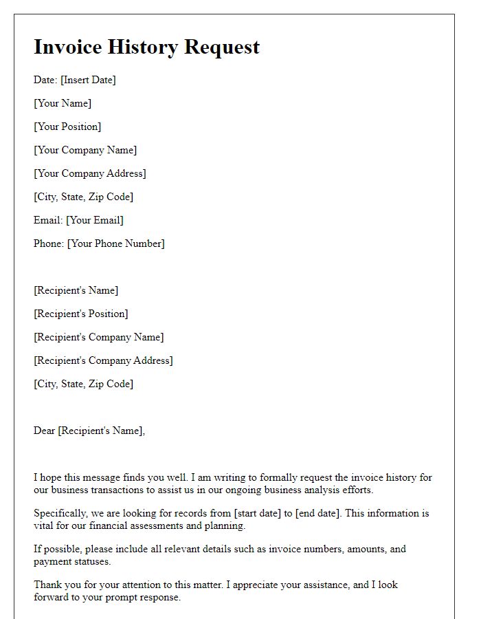 Letter template of invoice history request for business analysis.