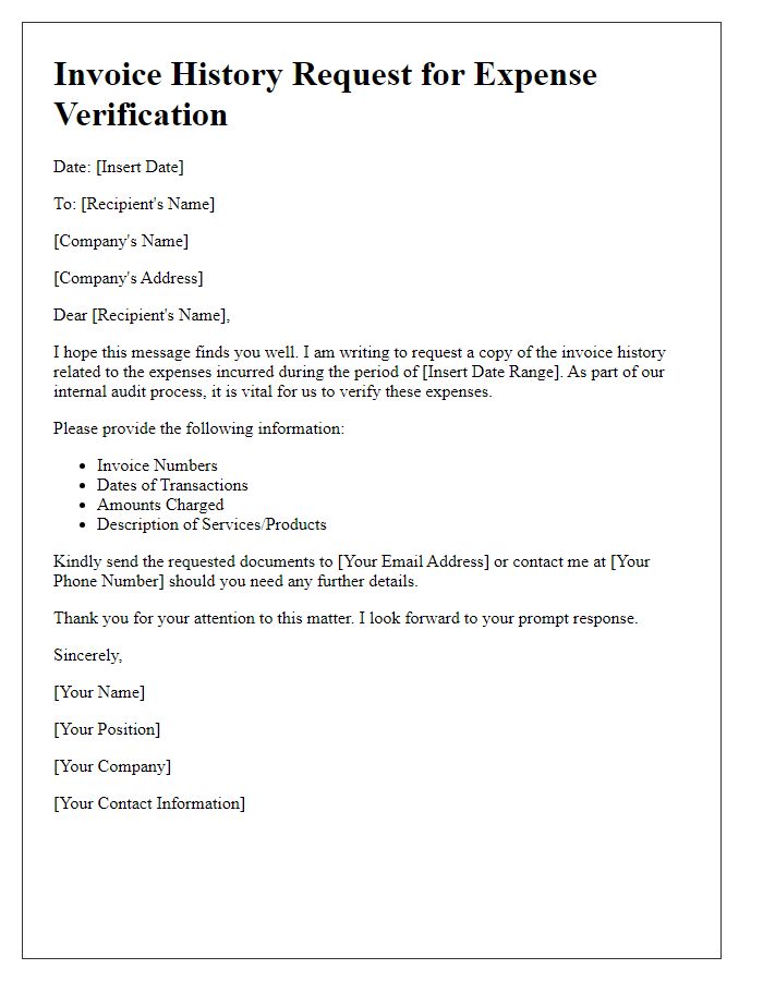 Letter template of invoice history request for expense verification.