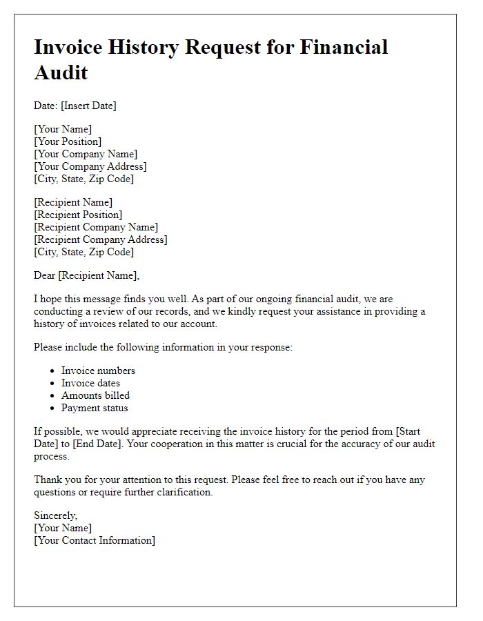 Letter template of invoice history request for financial audit.