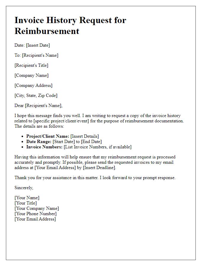 Letter template of invoice history request for reimbursement documentation.