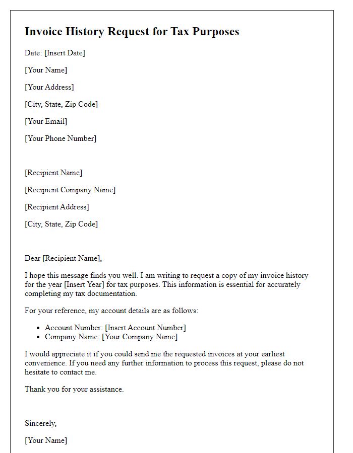 Letter template of invoice history request for tax purposes.