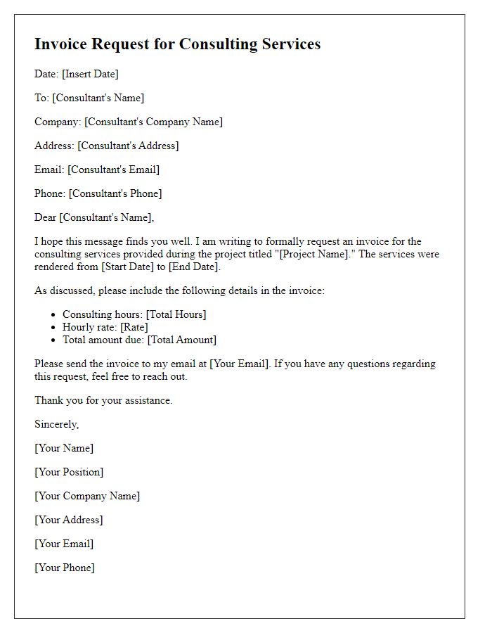 Letter template of formal invoice request for consulting services