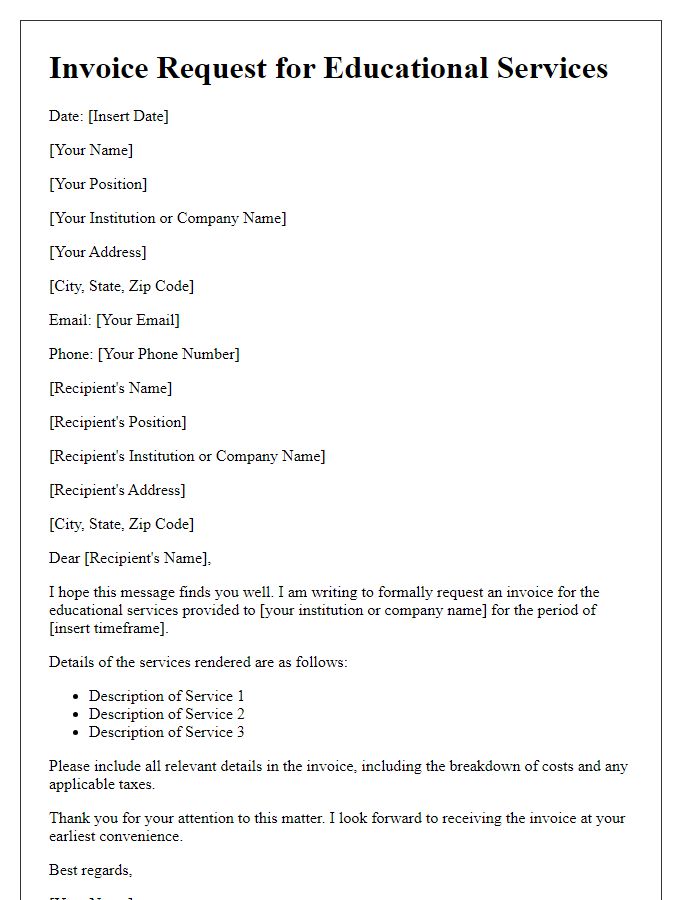 Letter template of formal invoice request for educational services