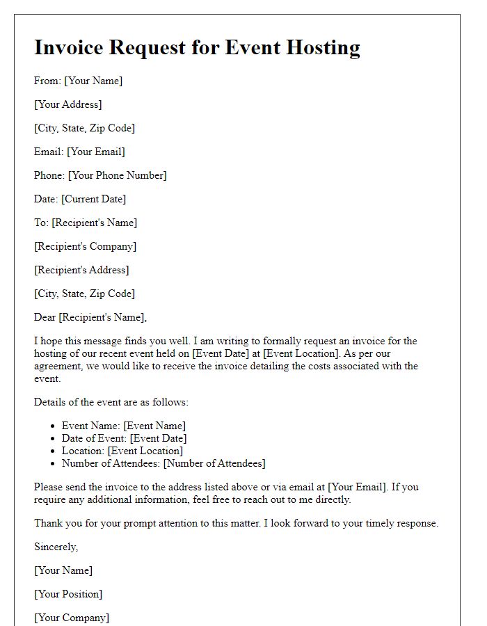 Letter template of formal invoice request for event hosting