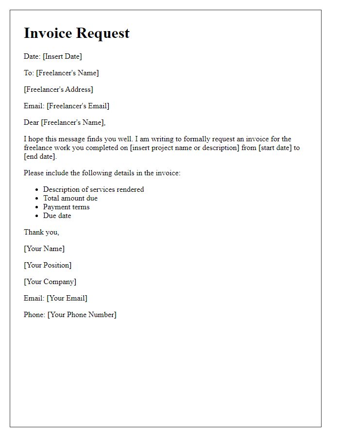 Letter template of formal invoice request for freelance work