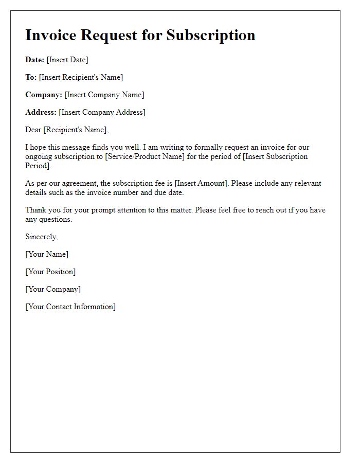 Letter template of formal invoice request for ongoing subscription