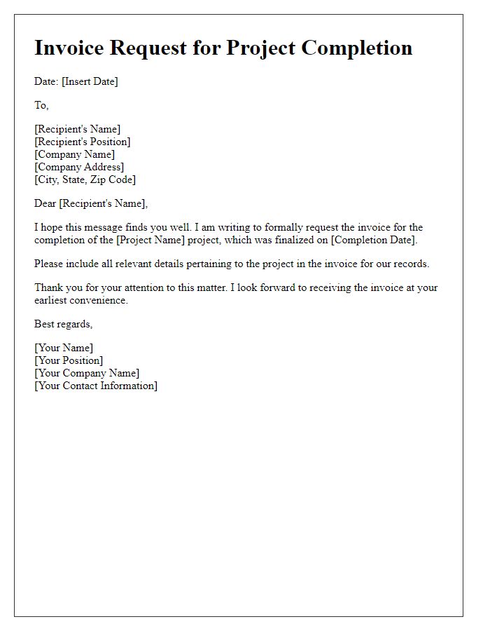 Letter template of formal invoice request for project completion