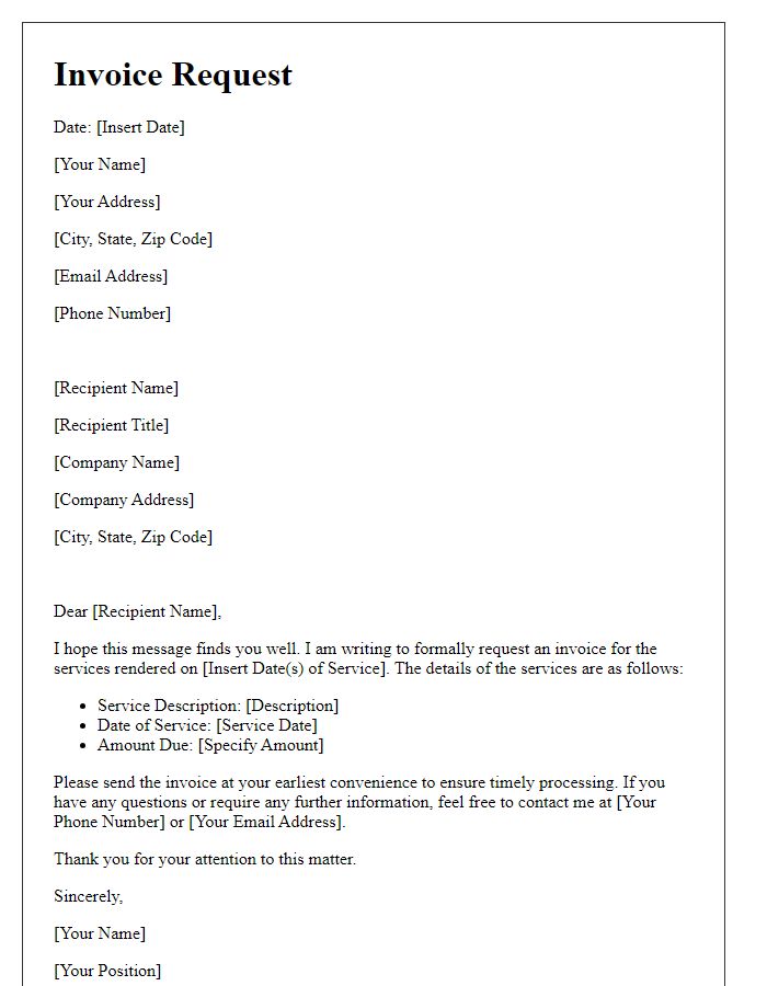 Letter template of formal invoice request for services rendered