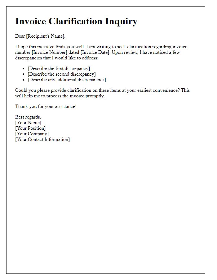 Letter template of invoice clarification inquiry