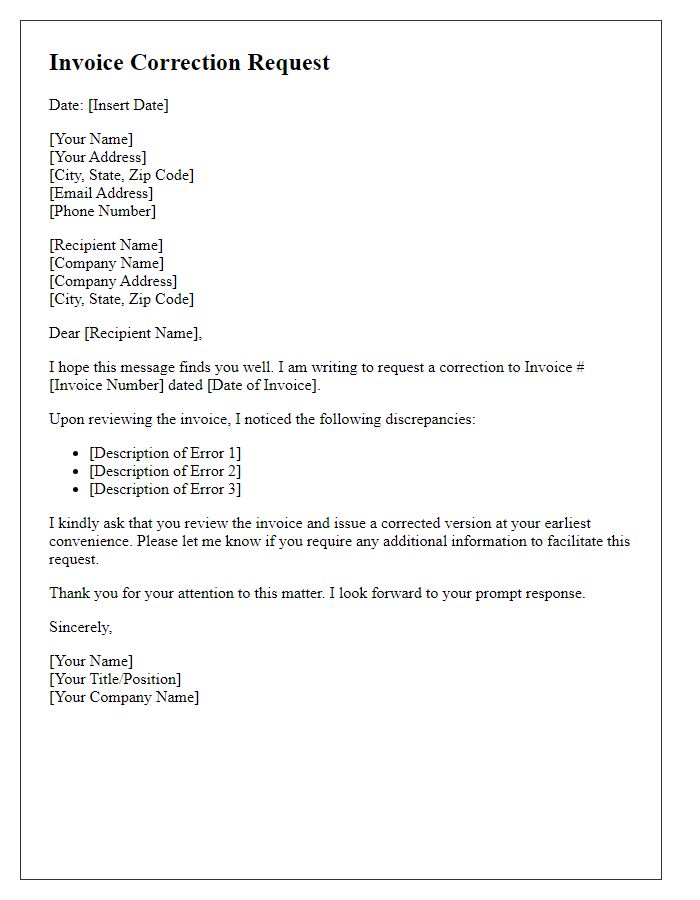 Letter template of invoice correction request