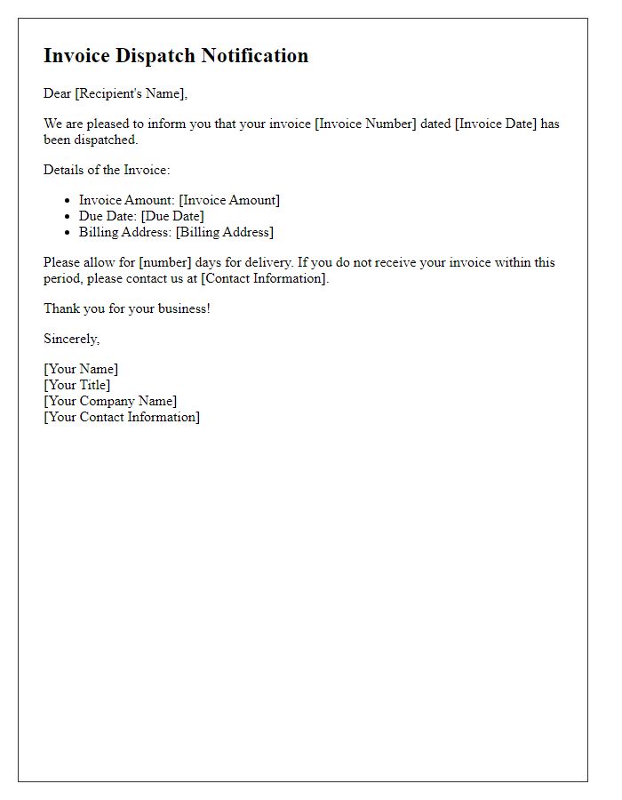 Letter template of invoice dispatch notification