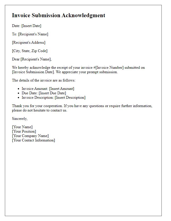 Letter template of invoice submission acknowledgment