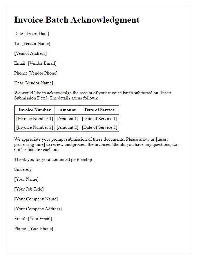 Letter template of invoice batch acknowledgment for vendor services