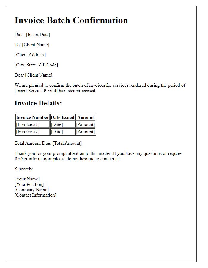 Letter template of invoice batch confirmation for service rendered