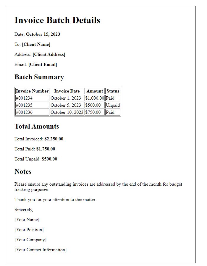 Letter template of invoice batch details for budget tracking