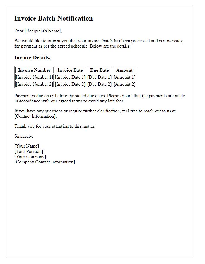 Letter template of invoice batch notification for payment schedule