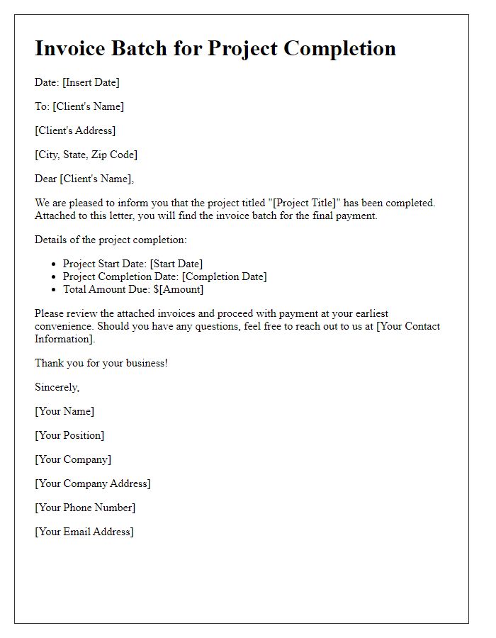 Letter template of invoice batch for project completion