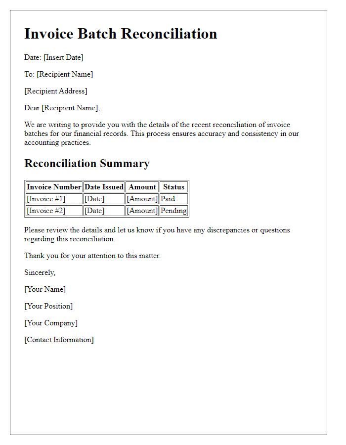 Letter template of invoice batch reconciliation for financial records