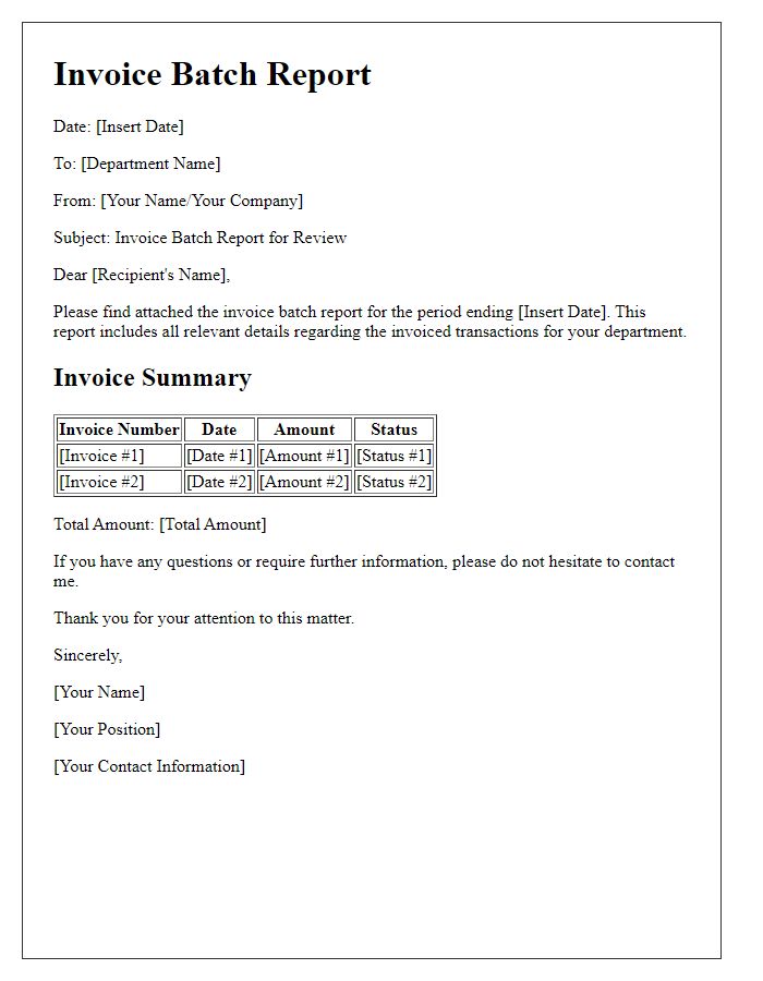 Letter template of invoice batch report for departmental accounting