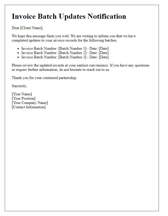Letter template of invoice batch updates for client records