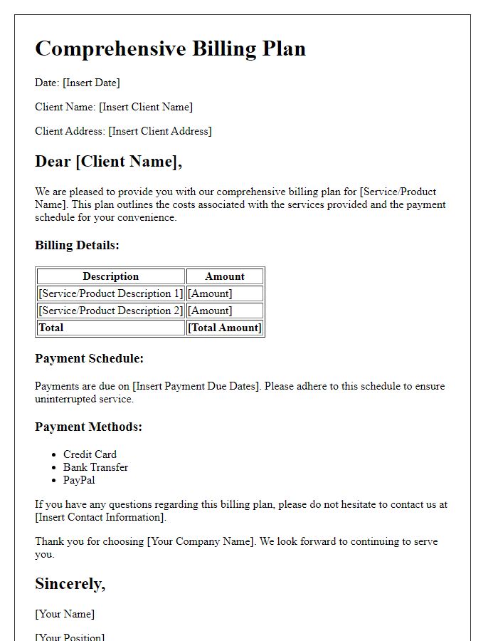 Letter template of comprehensive billing plan