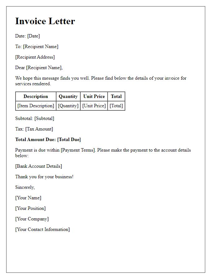 Letter template of organized invoicing framework