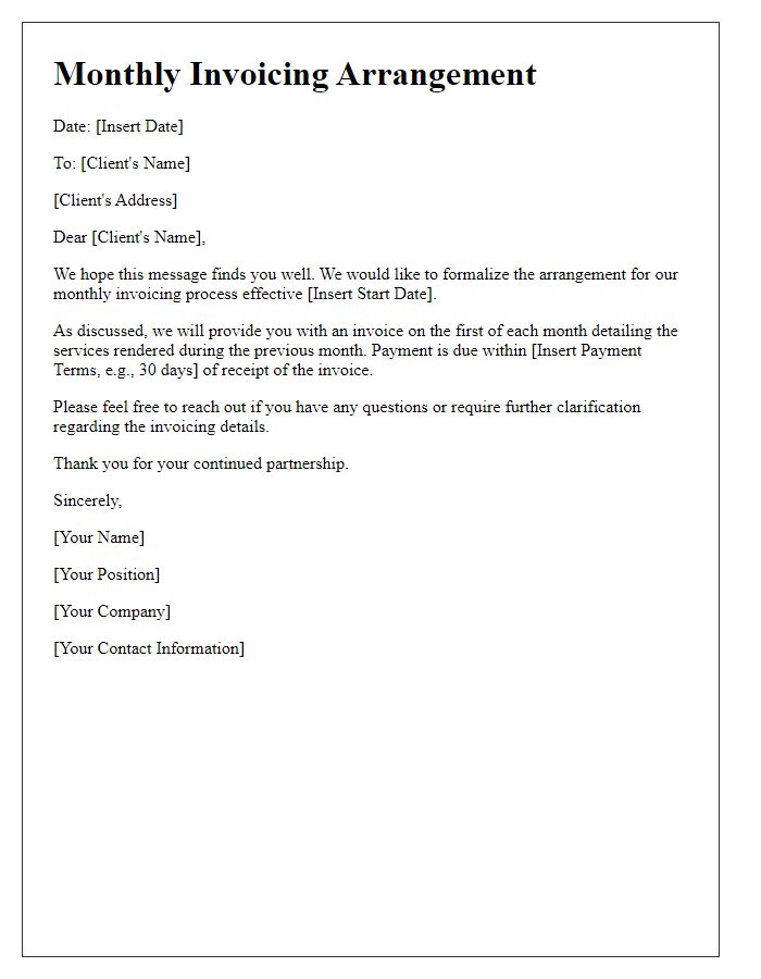 Letter template of arrangement for monthly invoicing