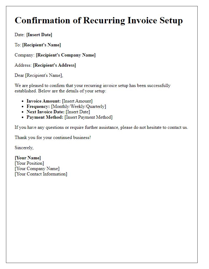 Letter template of confirmation for recurring invoice setup