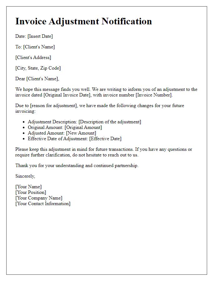 Letter template of invoice adjustment for future dates