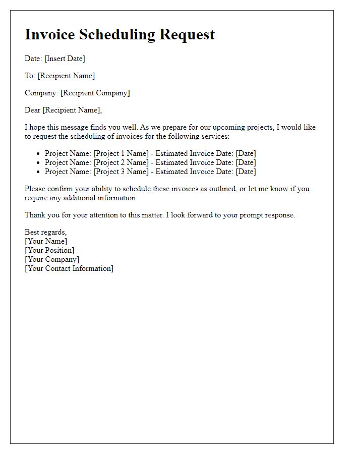 Letter template of invoice scheduling request for upcoming projects