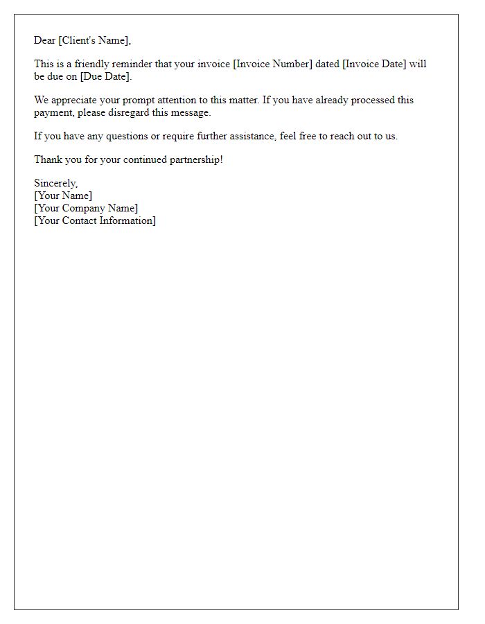 Letter template of reminder for upcoming invoice payments