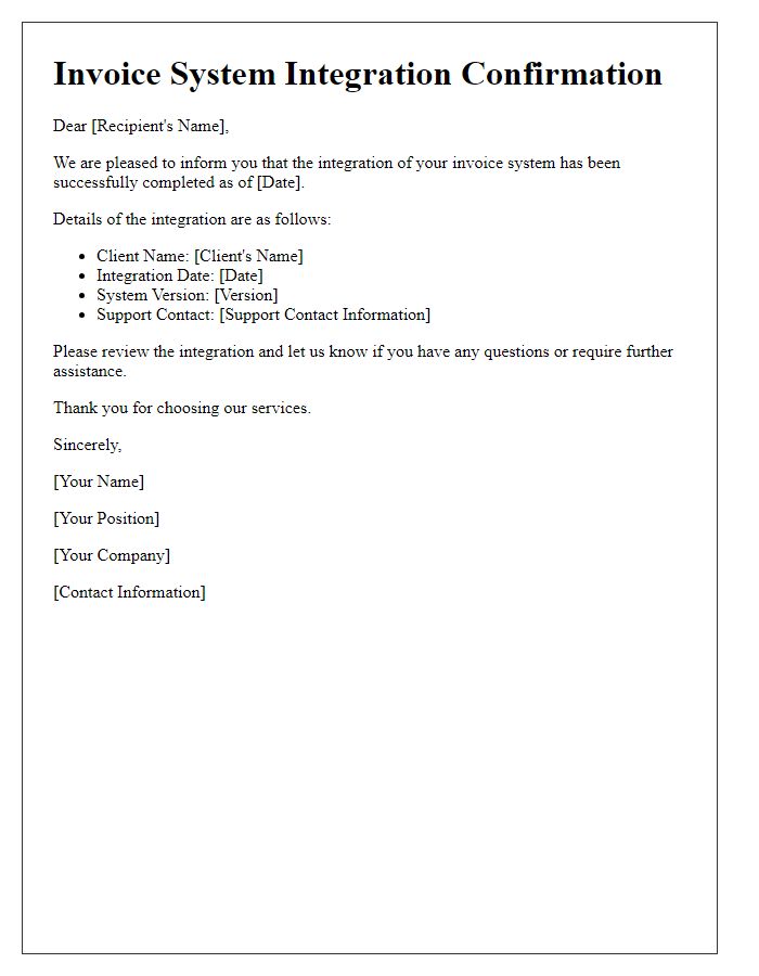 Letter template of invoice system integration confirmation