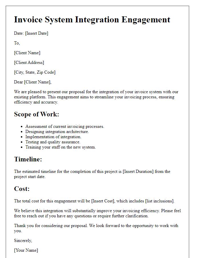 Letter template of invoice system integration engagement