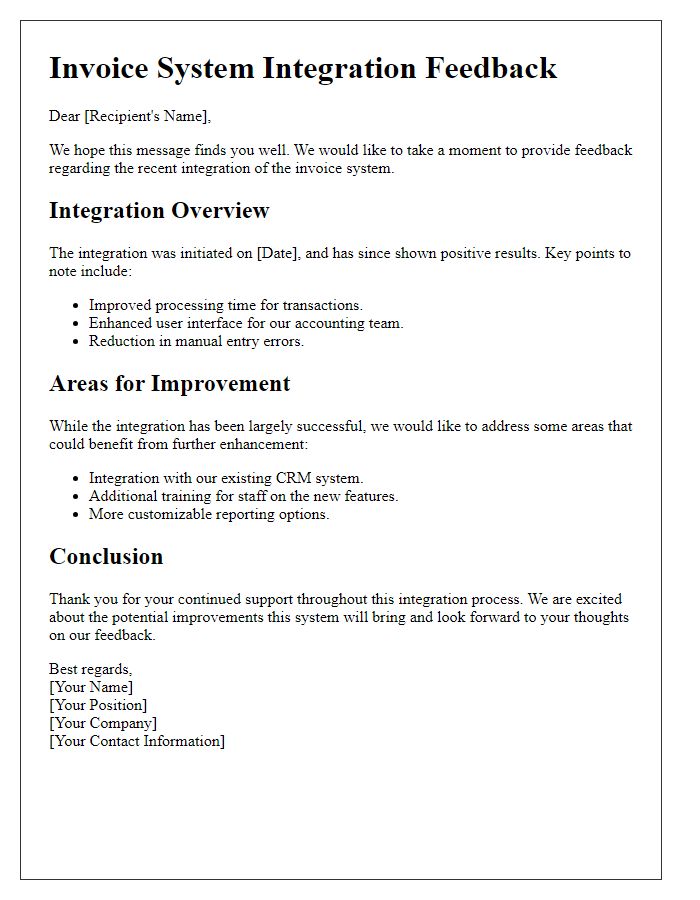 Letter template of invoice system integration feedback