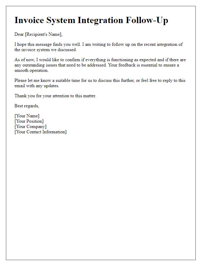Letter template of invoice system integration follow-up